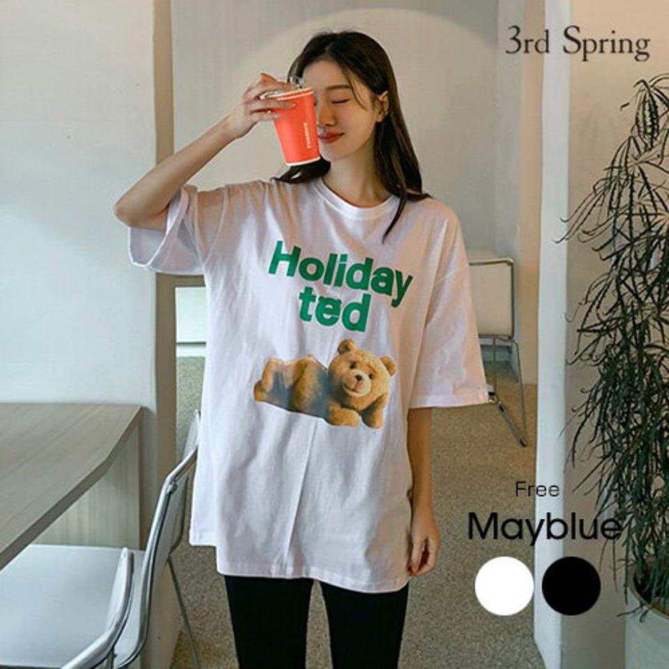 MAYBLUE(メイブルー)クマプリントコットンTシャツ【2/15up_go】コットンT　プリントT　クマプリント　英字プリント　TED　テッド【5】★