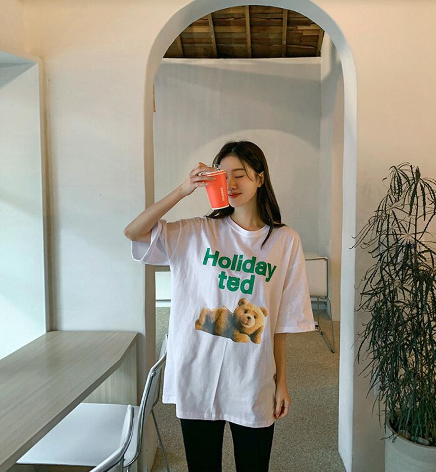 MAYBLUE(メイブルー)クマプリントコットンTシャツ【2/15up_go】コットンT　プリントT　クマプリント　英字プリント　TED　テッド【5】★