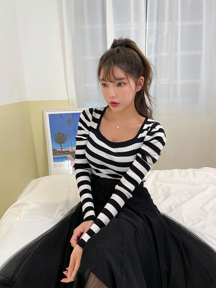 CHUU(チュー)ボーダーリブニットソー【2/15up_go】【メール便】韓国 韓国ファッション　ニットソー　長袖　カットソー　ボーダー　ベーシック　シンプル　モノトーン　スクエアネックレディース ファッション【10】