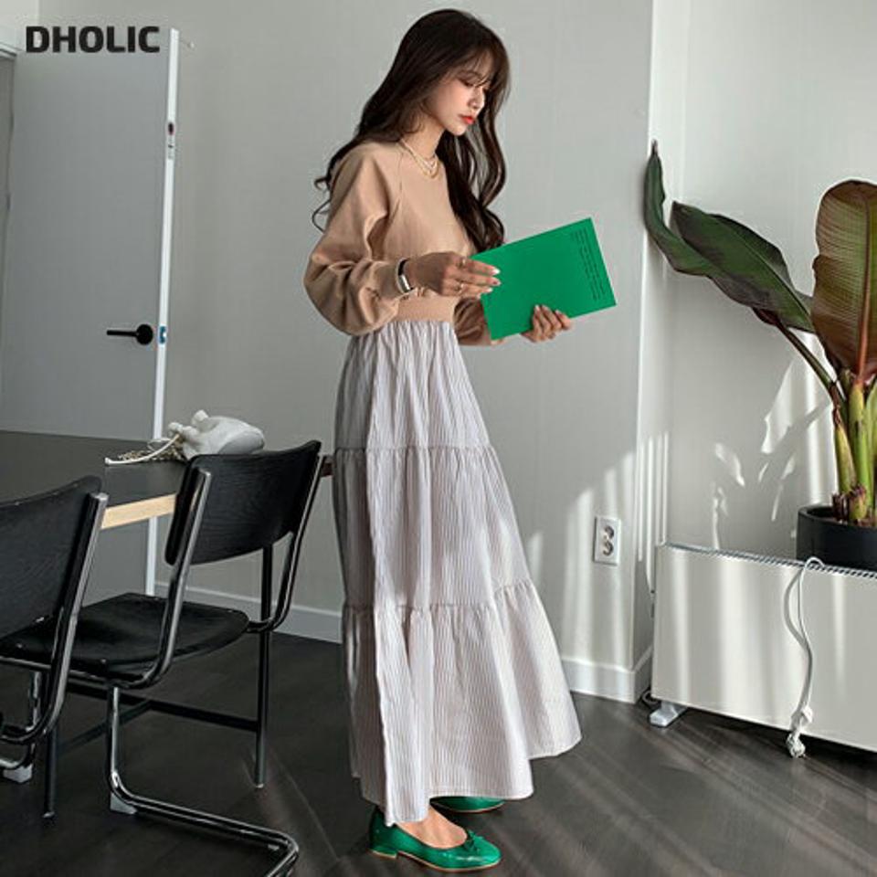 ストライプティアードワンピース・全3色・b64952 レディース 【ops】韓国ファッション 異素材ミックス ワンピース ロング丈 カジュアル ラウンドネック コントラスト ティアード 体型カバー ラグランスリーブ メリハリ ス ルーズ ゆったり 秋 冬