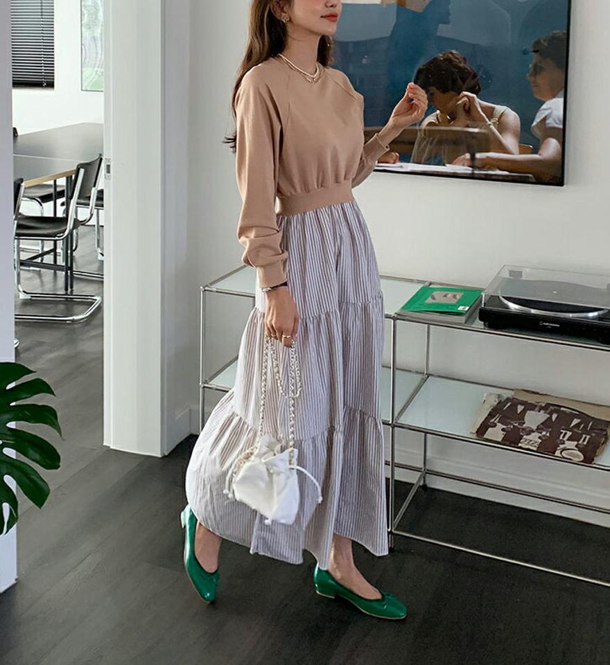 ストライプティアードワンピース・全3色・b64952 レディース 【ops】韓国ファッション 異素材ミックス ワンピース ロング丈 カジュアル ラウンドネック コントラスト ティアード 体型カバー ラグランスリーブ メリハリ ス ルーズ ゆったり 秋 冬