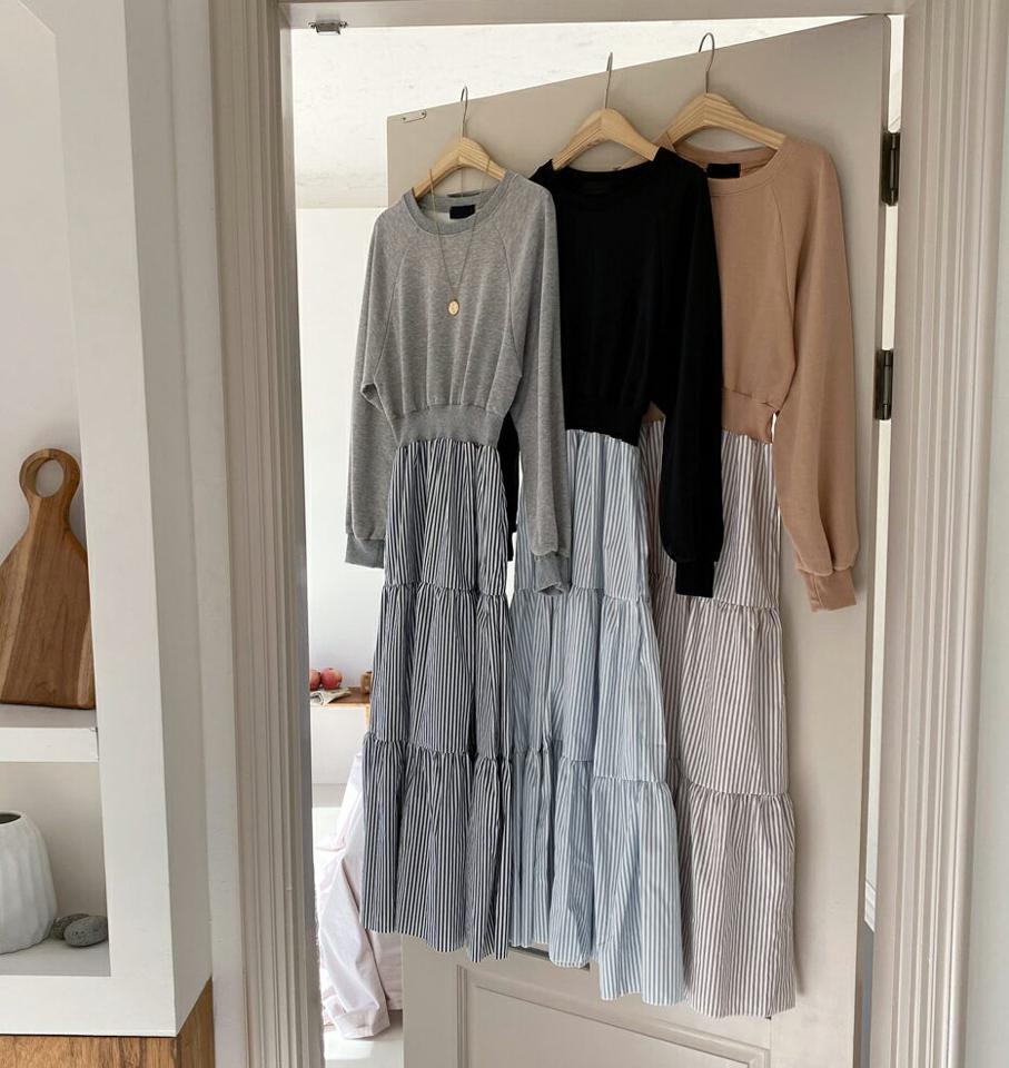 ストライプティアードワンピース・全3色・b64952 レディース 【ops】韓国ファッション 異素材ミックス ワンピース ロング丈 カジュアル ラウンドネック コントラスト ティアード 体型カバー ラグランスリーブ メリハリ ス ルーズ ゆったり 秋 冬