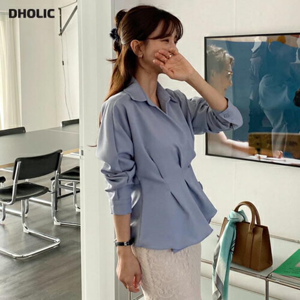 タックカラーラップブラウス・全4色・t64948 レディース 【bl】【韓国 ファッション トップス ブラウス 長袖 上品 ウエストタック ラップ調 フレア 春 ラップブラウス フェミニン カジュアル デイリー 秋 冬】