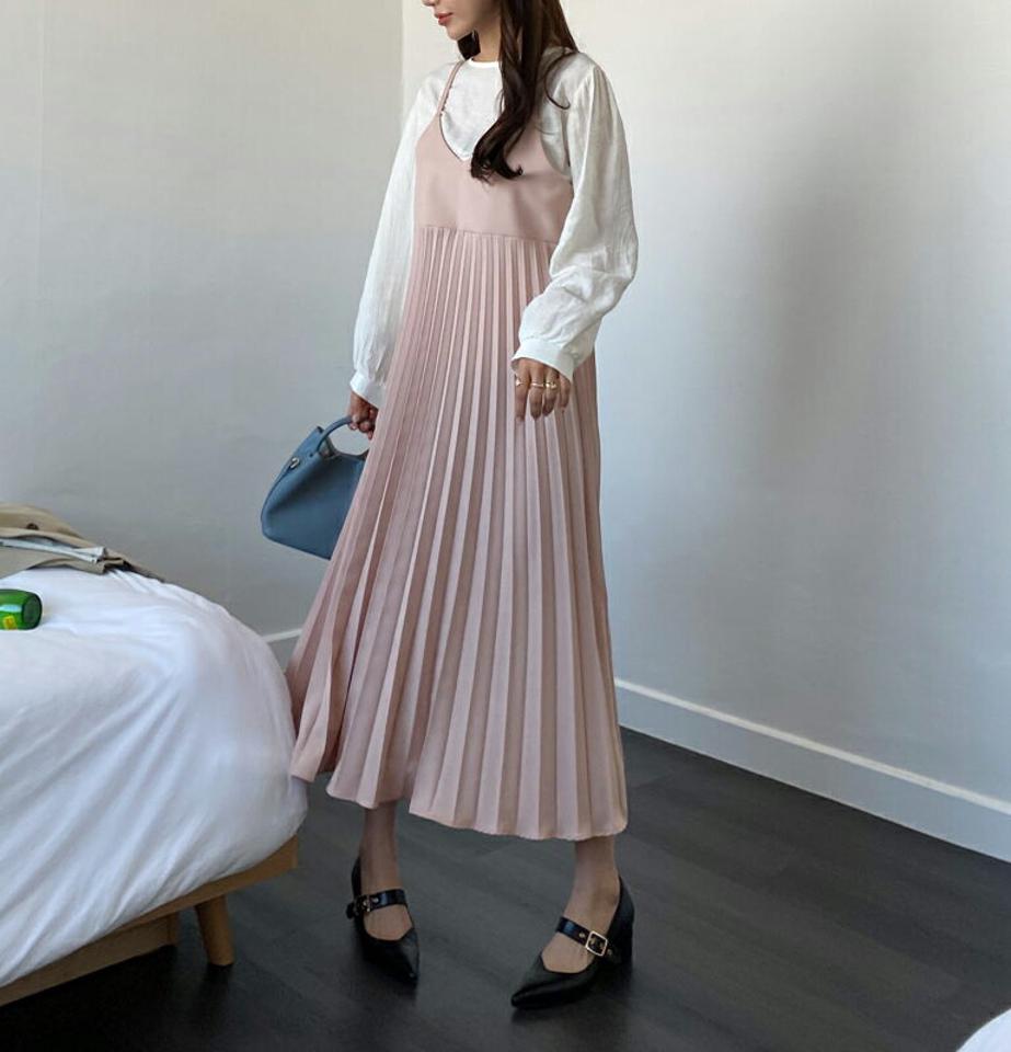 プリーツキャミワンピース・全2色・b64951 レディース 【ops】【韓国 ファッション ワンピース ロング ロングワンピース カジュアル Vネック プリーツ 揺れ感 キャミソール キャミワンピース ルーズ ゆったり 秋 冬】