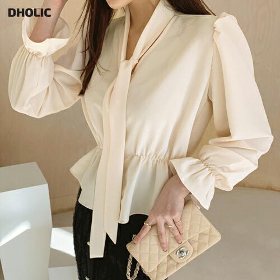 Vネックリボンブラウス・全3色・t66917 レディース 【bl】【トップス ブラウス 長袖 リボン りぼん Vネック フェミニン きれいめ 単色 無地 可愛い かわいい 秋 冬 韓国 ファッション】【ハイホリHIHOLLI】