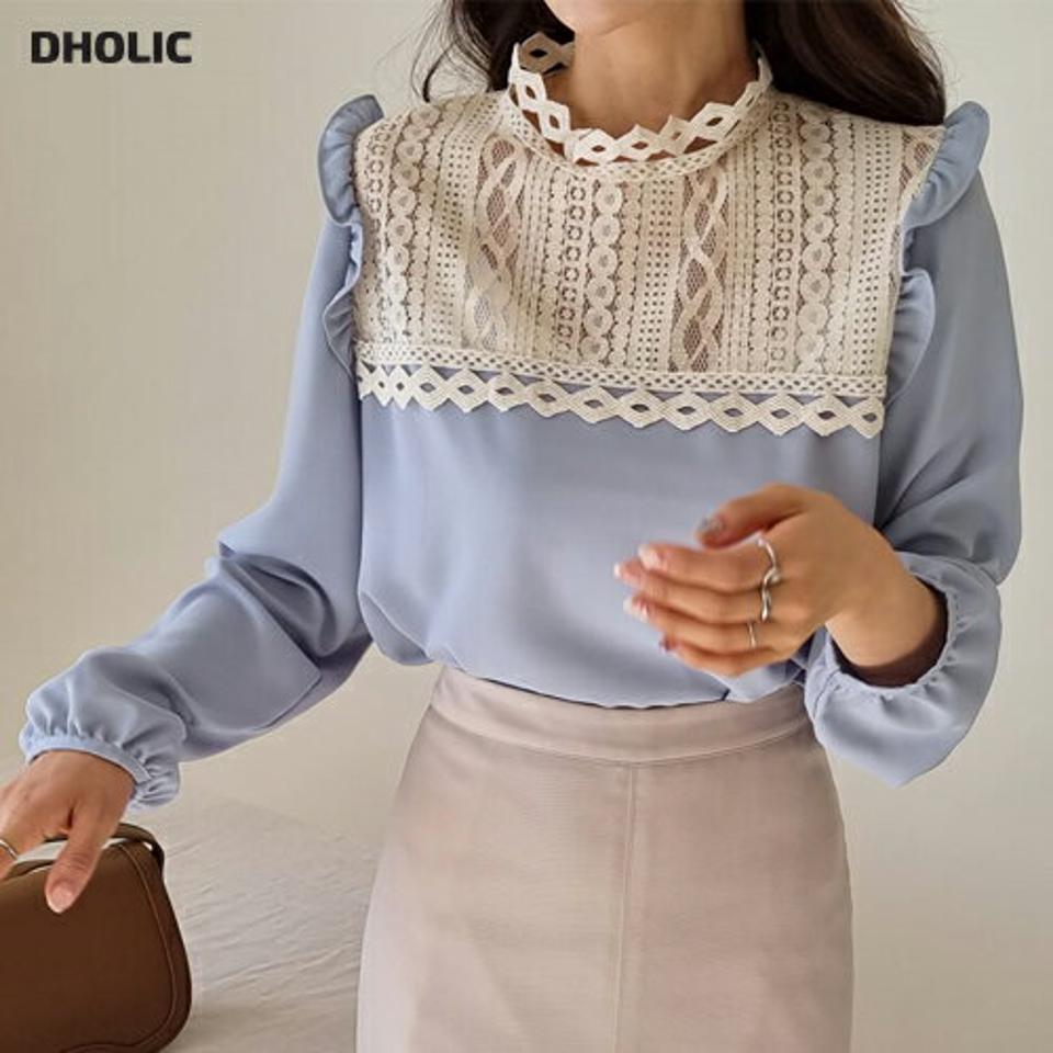 ショルダーレースブラウス・全3色・64947 レディース 【bl】【韓国 ファッション トップス ブラウス 長袖 上品 ショルダー 春 レース パターン フェミニン カジュアル デイリー 秋 冬】