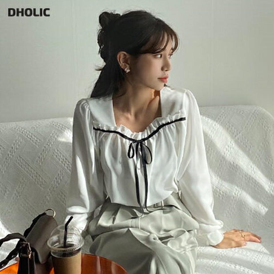 スクエアネックリボンブラウス・全4色・t64944 レディース 【bl】【韓国 ファッション トップス ブラウス 長袖 上品 スクエアネック リボン デコルテ 配色 ギャザー 春 フリル フェミニン カジュアル デイリー 秋 冬】