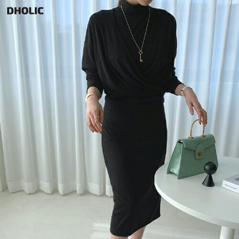 スリーブレス&Tシャツ&スカート3SET・全2色・t66924 レディース 【sk】【セットアップ setup トップス Tシャツ スリーブレス ノースリーブ 長袖 スカート ミディ丈 ミディスカート ハーフネック カシュクール 秋 冬 韓国 ファッション】【ハイホリHIHOLLI】