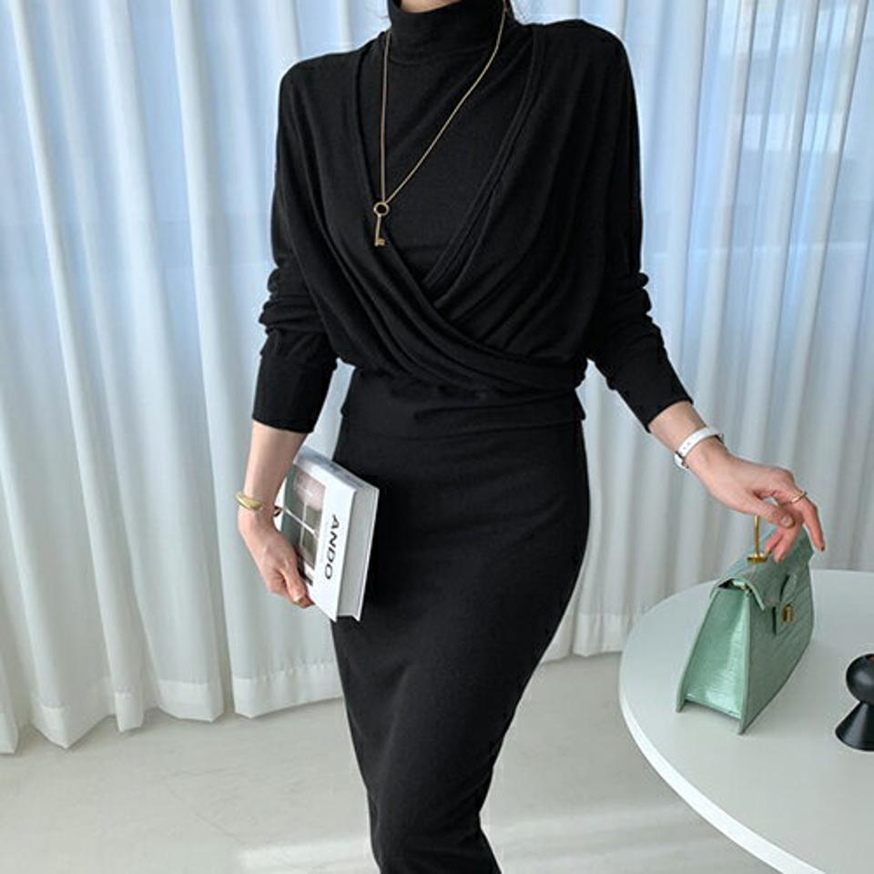 スリーブレス&Tシャツ&スカート3SET・全2色・t66924 レディース 【sk】【セットアップ setup トップス Tシャツ スリーブレス ノースリーブ 長袖 スカート ミディ丈 ミディスカート ハーフネック カシュクール 秋 冬 韓国 ファッション】【ハイホリHIHOLLI】