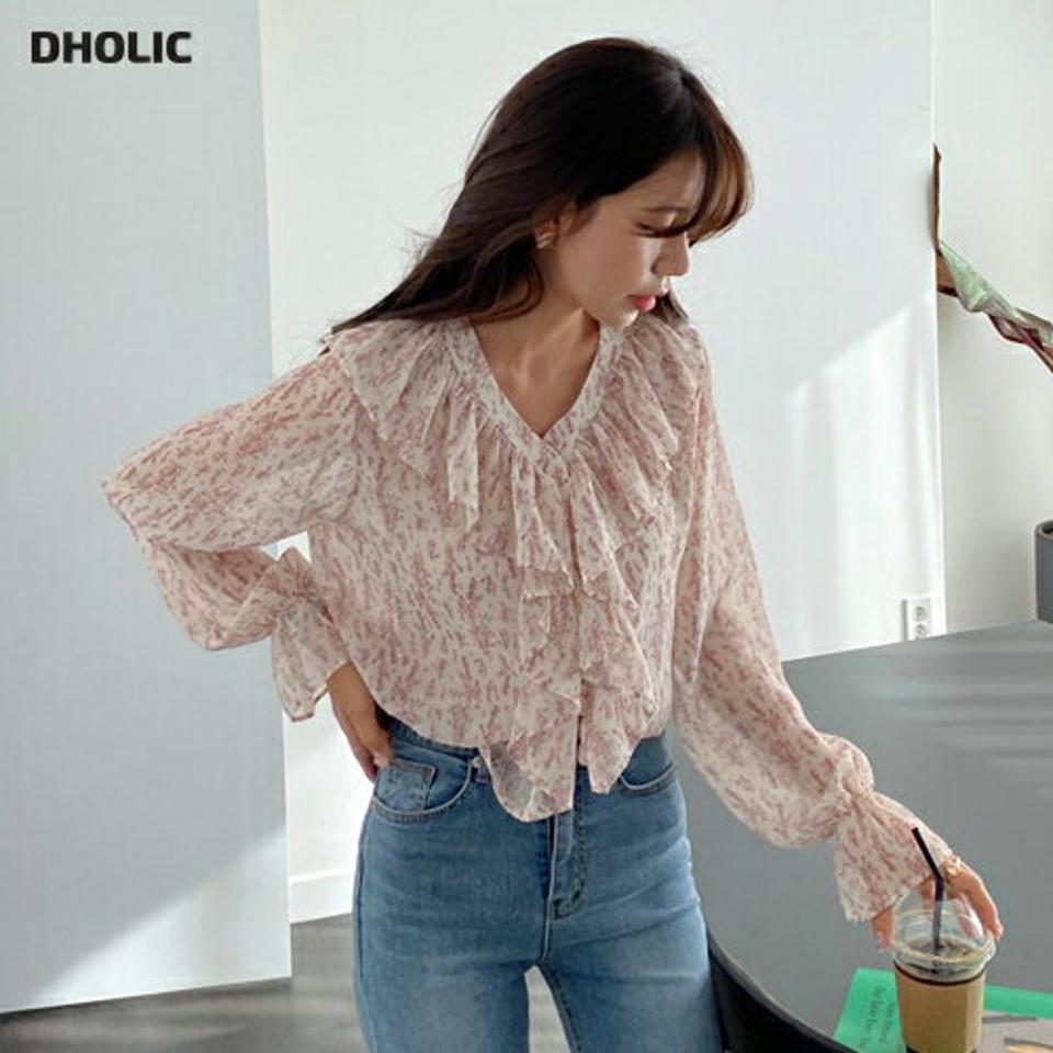 【只今10%OFF】小花柄シフォンブラウス・全3色・t64946 レディース 【bl】【韓国 ファッション トップス ブラウス 長袖 上品 Vネック 花柄 フラワー シフォンブ 春 ツヤ シースルー フレア フェミニン カジュアル デイリー 秋 冬】