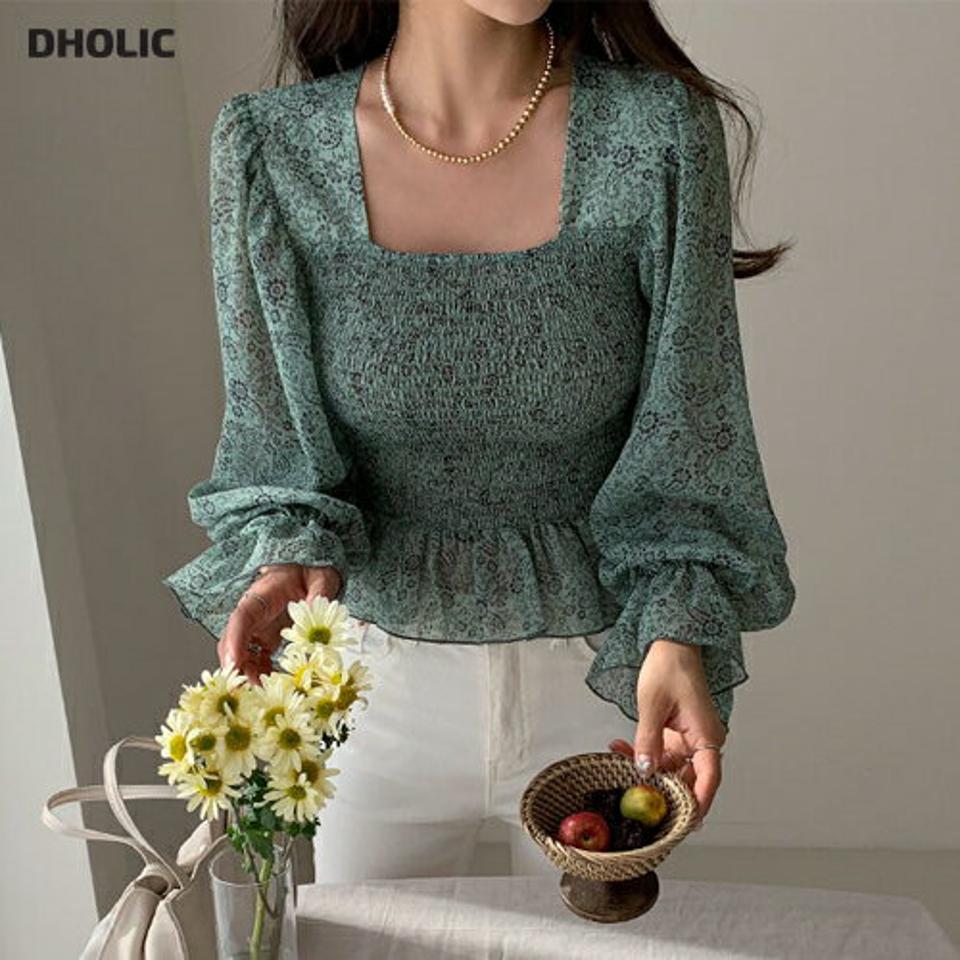 花柄シャーリングブラウス・全2色・t64949 レディース 【bl】【韓国 ファッション トップス ブラウス 長袖 花柄 シャーリング スクエアネック シフォン ペイズリー風 フローラル パターン 上品 クロスストラップ フェミニン カジュアル デイリー 秋 冬】