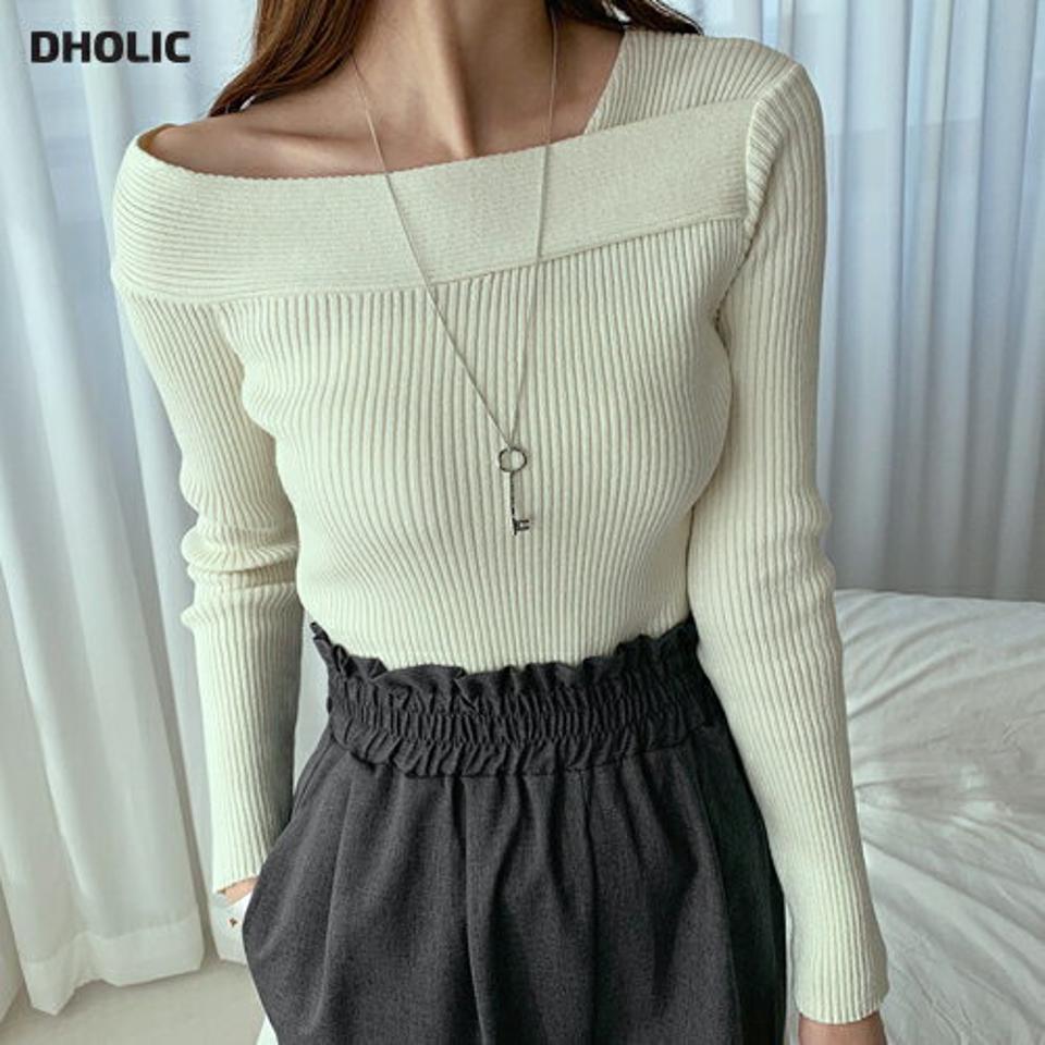 アンバランスネックリブニット・全3色・t66912 レディース 【tops】【トップス ニット ニットトップス リブニット リブ 長袖 アンバランス シンプル デコルテ 鎖骨 大人 秋 冬 韓国 ファッション】【ハイホリHIHOLLI】