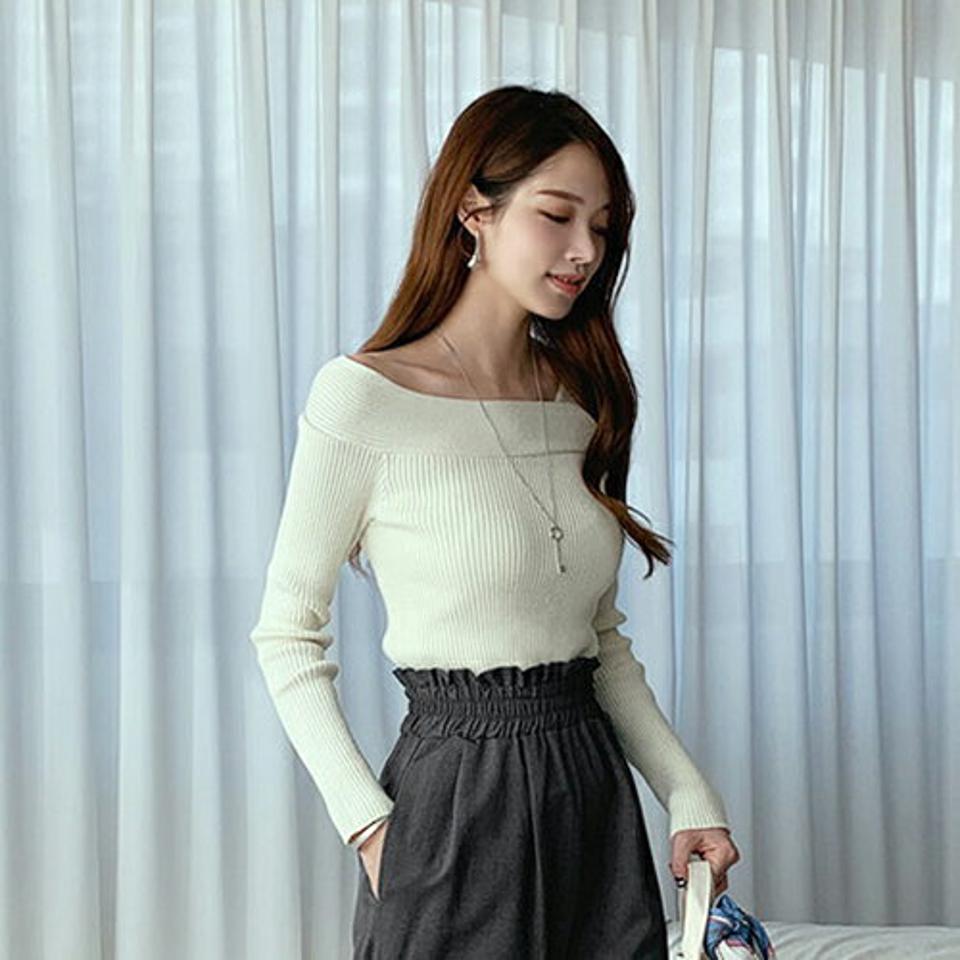 アンバランスネックリブニット・全3色・t66912 レディース 【tops】【トップス ニット ニットトップス リブニット リブ 長袖 アンバランス シンプル デコルテ 鎖骨 大人 秋 冬 韓国 ファッション】【ハイホリHIHOLLI】