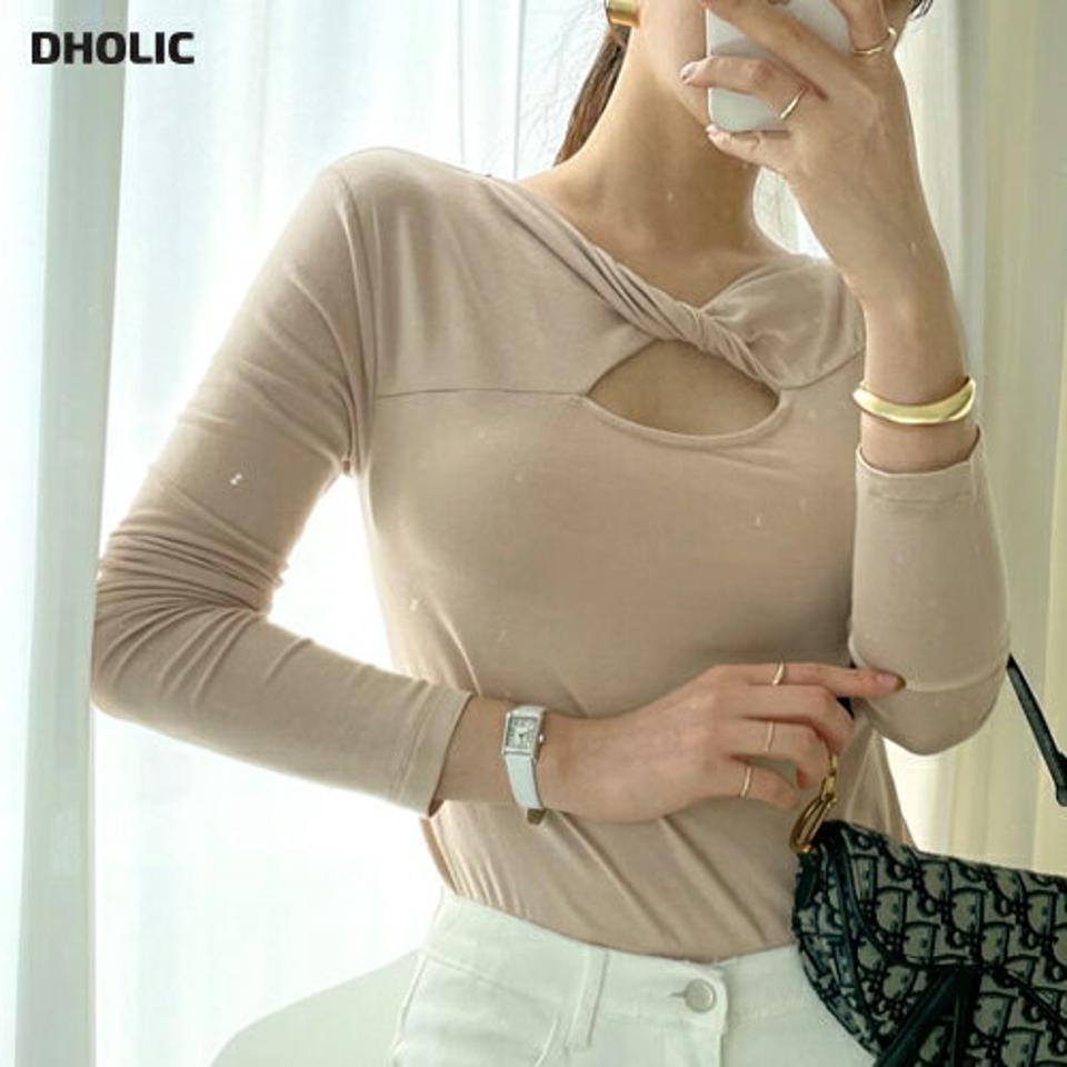 ツイストカットアウトTシャツ・全4色・t66910 レディース 【tops】【トップス Tシャツ 長袖 カットアウト ツイスト 単色 無地 シンプル セクシー 個性的 ユニーク 秋 冬 韓国 ファッション】【ハイホリHIHOLLI】