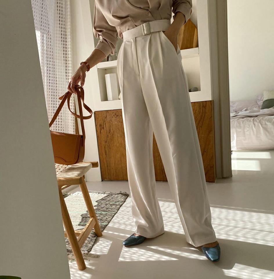 ベルトワイドスラックス・全4色・t64960 レディース 【pt】【韓国 ファッション ボトムス パンツ スラックス ロング スリム ベーシック バックル ワイド ツータック ハイウエスト 足長 細身 10分丈 十分丈 ストレート カジュアル 無地 秋 冬】