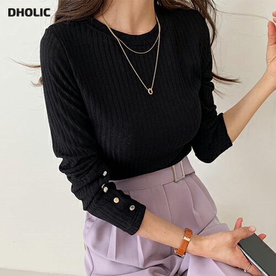 リブボタンスリーブTシャツ・全4色・t64943 レディース 【tops】【韓国 ファッション トップス Tシャツ 長袖 ラウンドネック 高級感 ナチュラル リブ スリム フィット フェイクボタン 上品 体型カーバー デイリー 秋 冬】