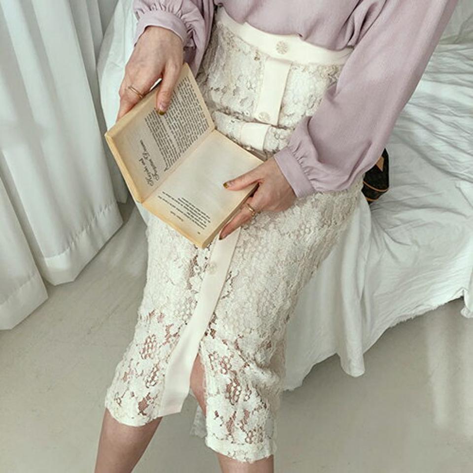 レースボタンスカート・全2色・t66933 レディース 【sk】【スカート ミディ丈 ミディスカート レース 総レース フェミニン 大人 きれいめ タイト スリット 秋 冬 韓国 ファッション】【ハイホリHIHOLLI】