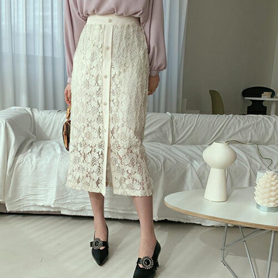 レースボタンスカート・全2色・t66933 レディース 【sk】【スカート ミディ丈 ミディスカート レース 総レース フェミニン 大人 きれいめ タイト スリット 秋 冬 韓国 ファッション】【ハイホリHIHOLLI】