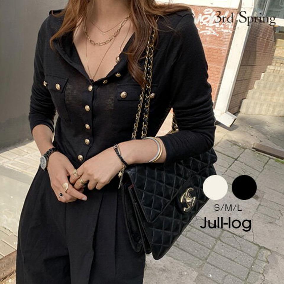 ≪新作早割15%OFF≫JULL-LOG(ジュローグ)リネンボタンロングTシャツ【2/18up_go】韓国 韓国ファッション　トップス ポケット付き クルーネック 白T 黒T 長袖 デザインボタンナンニング レディース【5】※メール便不可