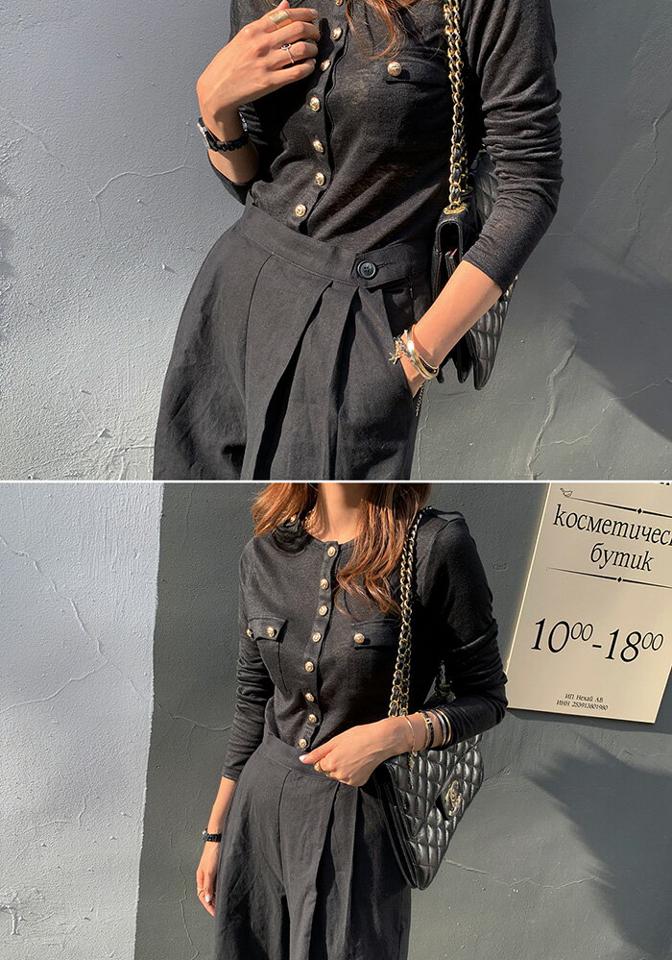 ≪新作早割15%OFF≫JULL-LOG(ジュローグ)リネンボタンロングTシャツ【2/18up_go】韓国 韓国ファッション　トップス ポケット付き クルーネック 白T 黒T 長袖 デザインボタンナンニング レディース【5】※メール便不可