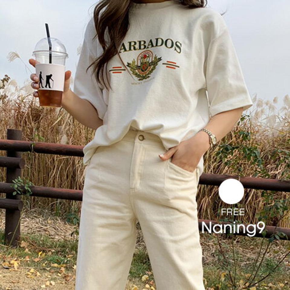 NANING9(ナンニング)起毛カジュアルプリントロゴ半袖Tシャツ【2/16up_go】韓国 韓国ファッション レディース 人気 大人カジュアル トップス ロゴプリント 白T サイドスリット【5】★