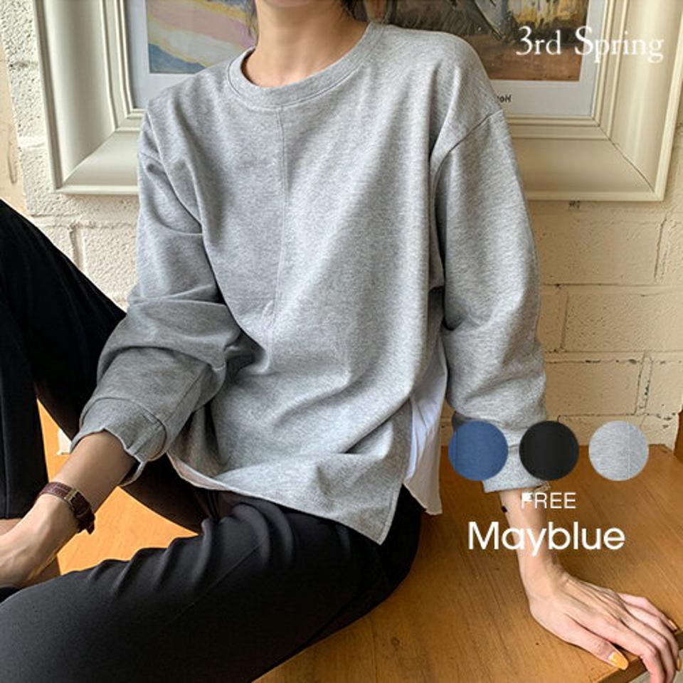 MAYBLUE(メイブルー)配色異素材ミックスプルオーバーカットソー【2/16再販】　長袖　ドッキング　異素材　後ろ切り替え　トップス【5】