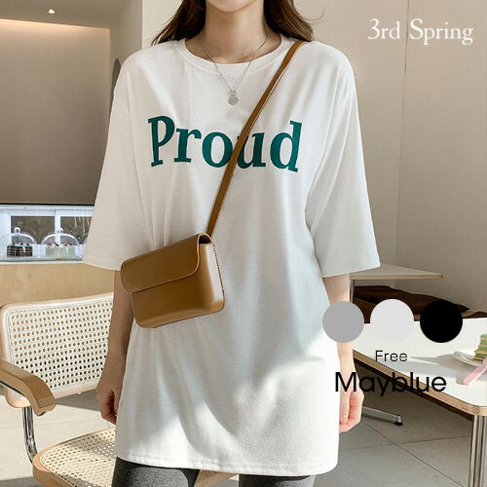 MAYBLUE(メイブルー)ProudビッグTシャツ【2/16再販】韓国 韓国ファッション　ビッグTシャツ　Tシャツ　トップス　サイドスリット　5分丈　レディース ファッション【5】※メール便不可