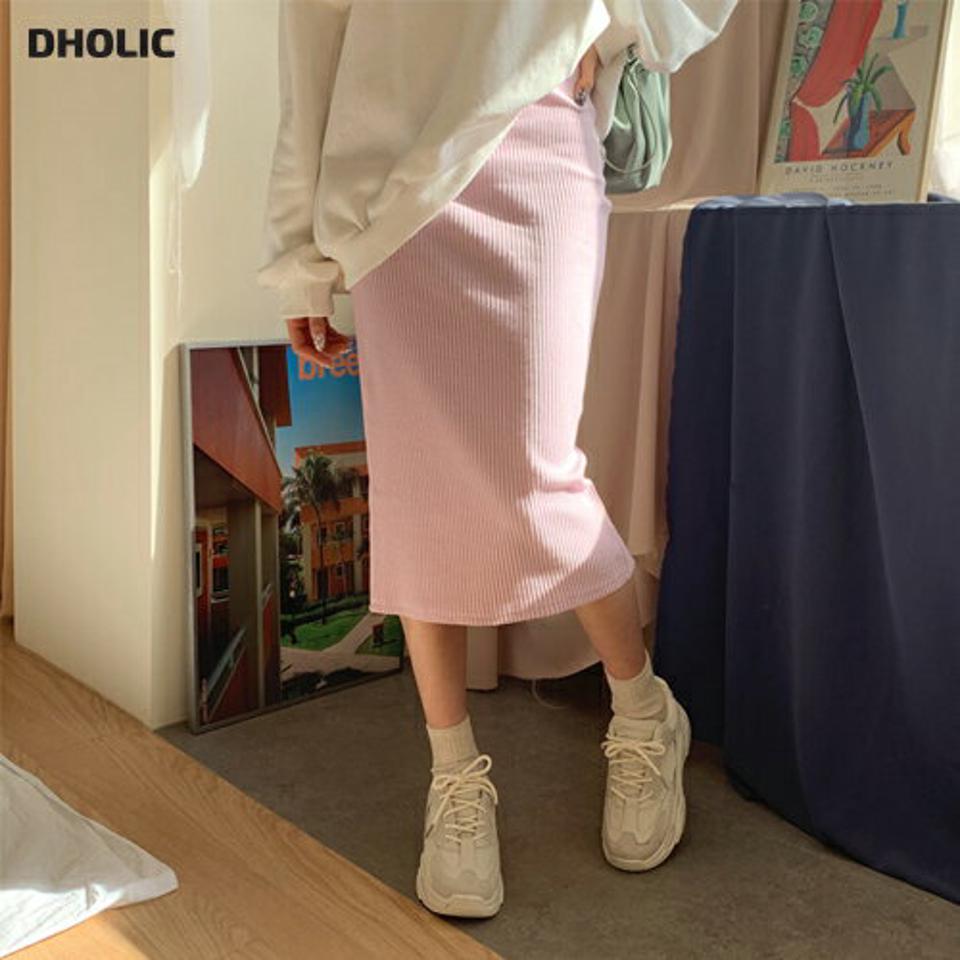 リブスカート・全3色・t62796 レディース 【ops】【韓国 ファッション ボトムス スカート ロング ロングスカート Hライン ウエストゴム ストリング リブ スリット ガーリー カジュアル 体型カバー デイリー 秋 冬】【NIJU】