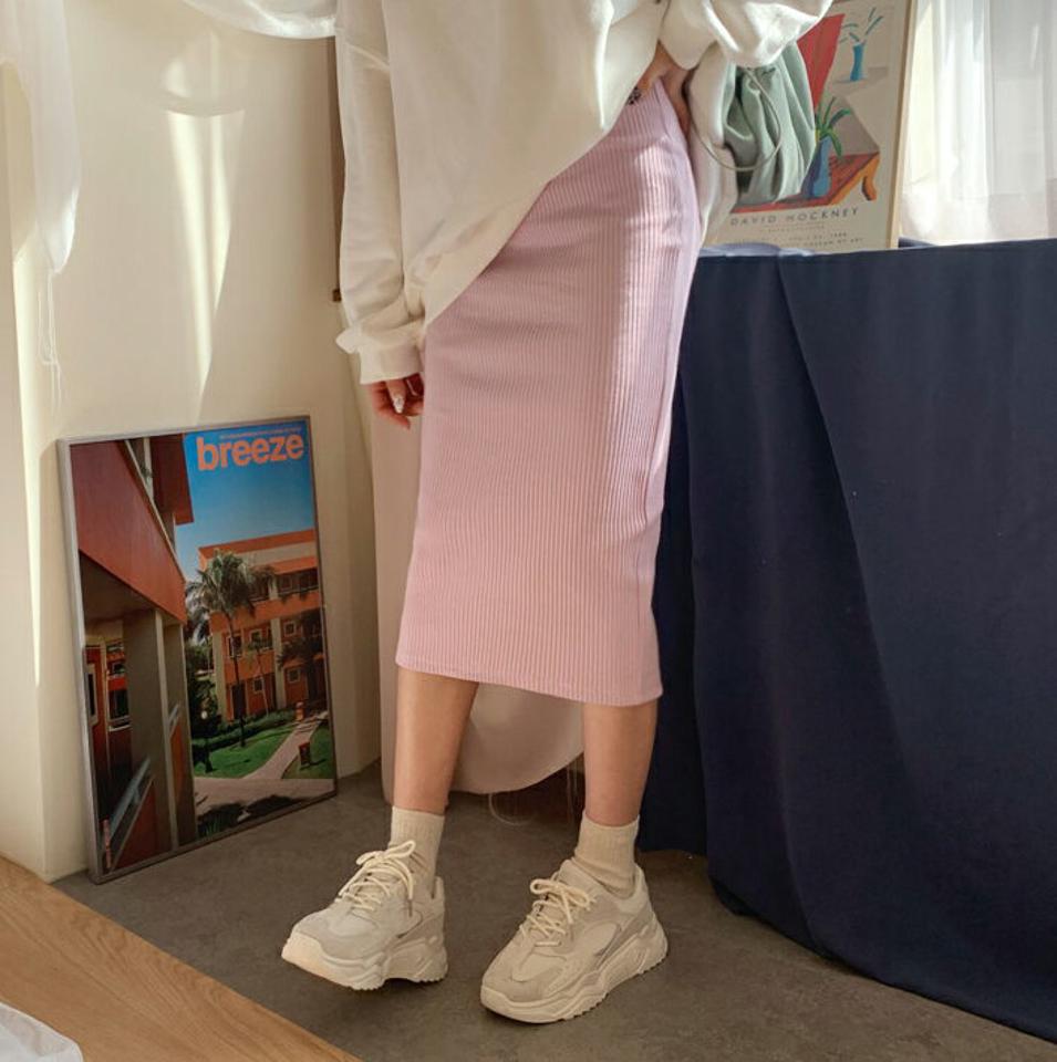 リブスカート・全3色・t62796 レディース 【ops】【韓国 ファッション ボトムス スカート ロング ロングスカート Hライン ウエストゴム ストリング リブ スリット ガーリー カジュアル 体型カバー デイリー 秋 冬】【NIJU】