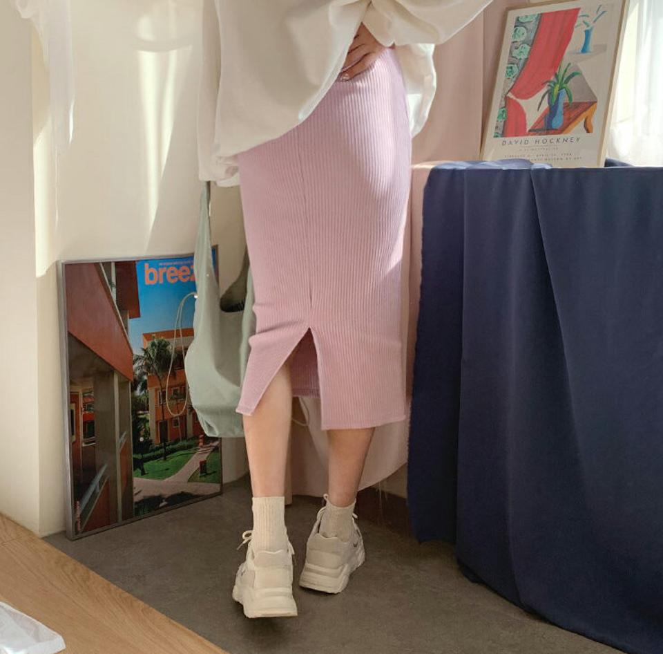 リブスカート・全3色・t62796 レディース 【ops】【韓国 ファッション ボトムス スカート ロング ロングスカート Hライン ウエストゴム ストリング リブ スリット ガーリー カジュアル 体型カバー デイリー 秋 冬】【NIJU】