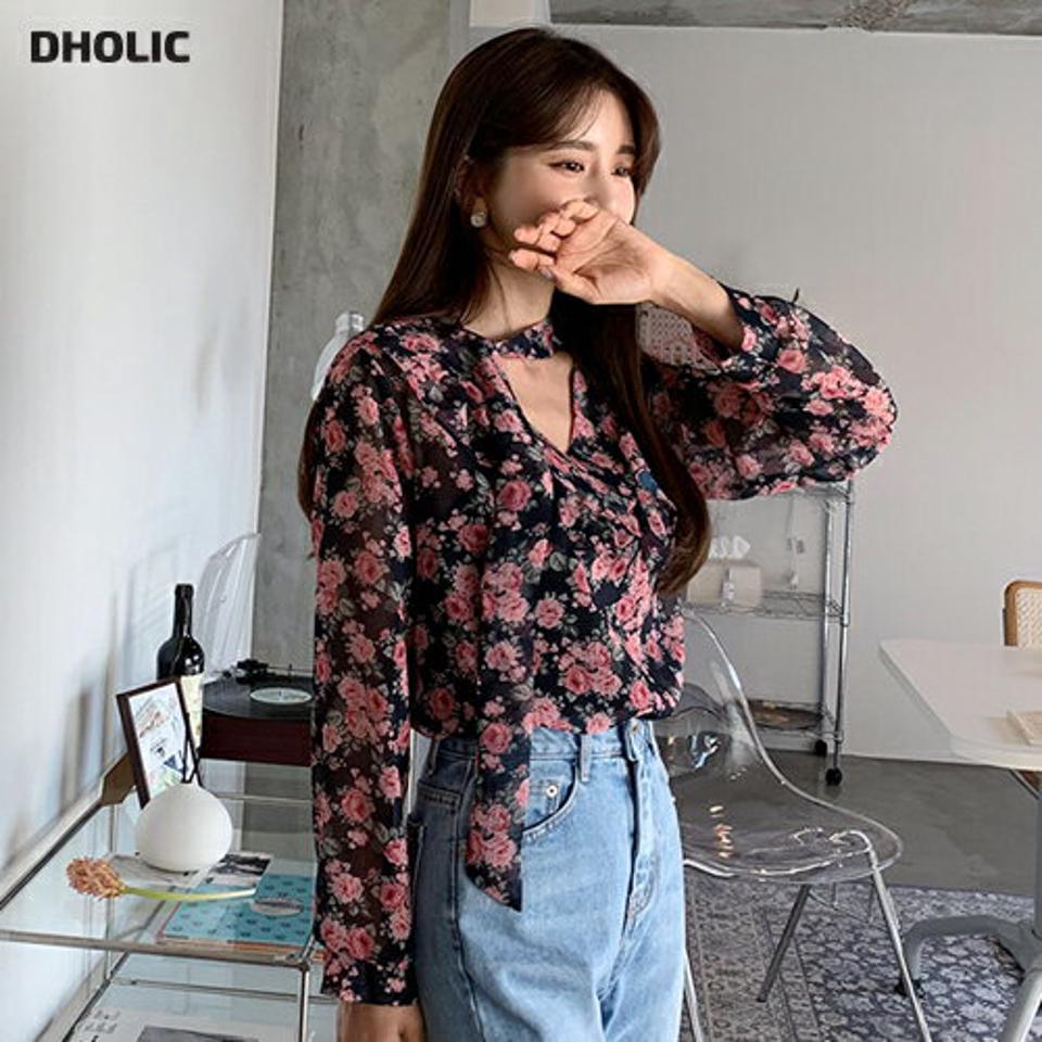 【只今30%OFF】ネックリボン花柄ブラウス・全3色・t56864 レディース 【bl】【韓国 ファッション トップス ブラウス 長袖 上品 春 Vネック 花柄 フラワー ネックリボン 透け感 シフォン フリル ディテール パターン フェミニン カジュアル デイリー 秋 冬】【fw】