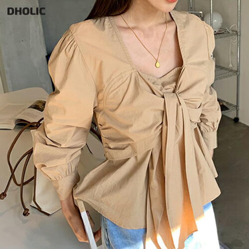 スクエアネックリボンブラウス・全2色・t56887 レディース 【bl】【韓国 ファッション トップス ブラウス 長袖 上品 スクエアネック リボン カフス ボタン フィット フレア 体型カバー 細身 フェミニン カジュアル デイリー 秋 冬】