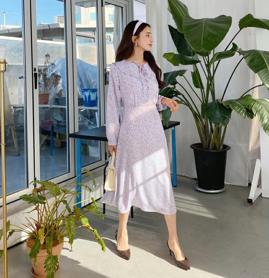 【全品10%OFF】フローラルカラーワンピース・全3色・t56889 レディース 【ops】【韓国 ファッション ワンピース ロング ロングワンピース カジュアル 春 ガーリー 花柄 フラワー リボン カラーネック 体型カバー メリハリ ス ルーズ ゆったり 秋 冬】【fw】