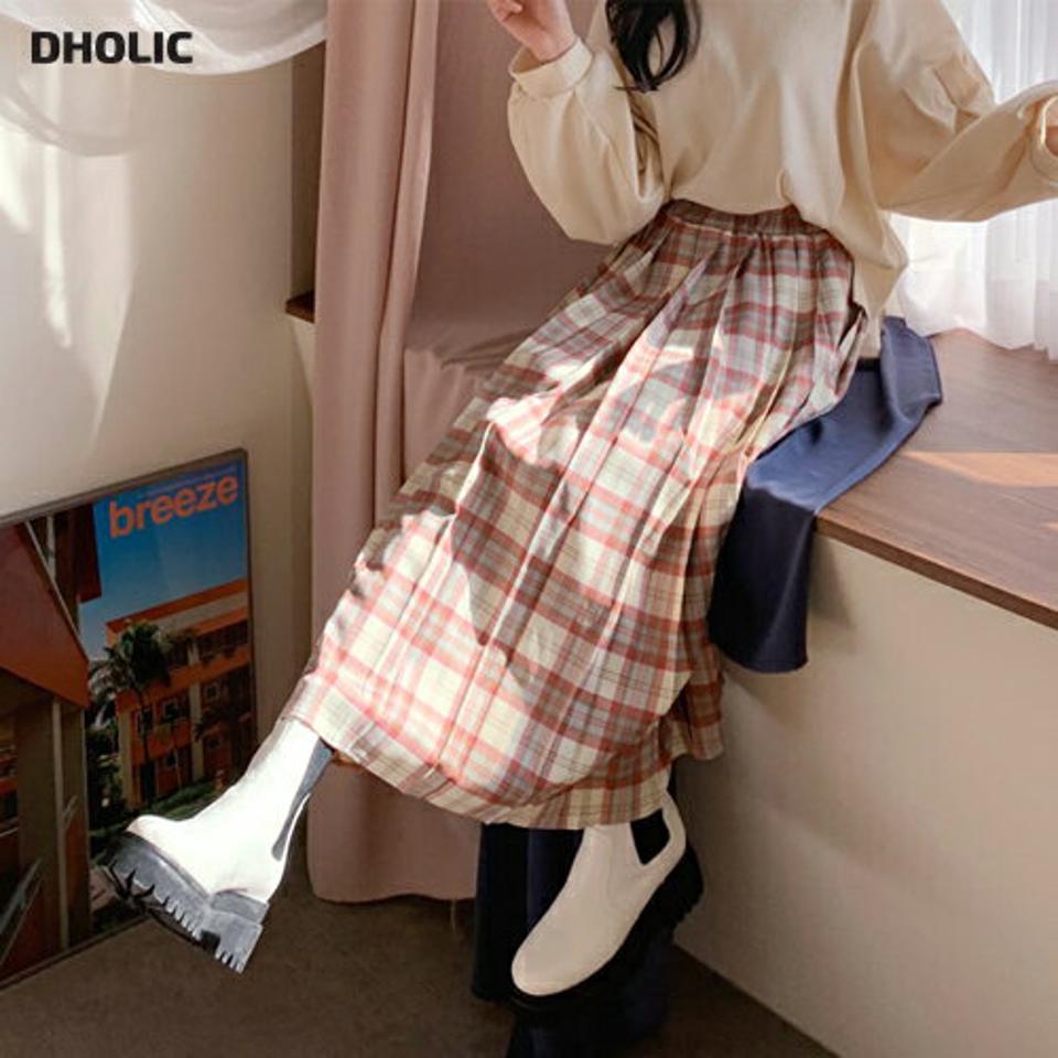 チェックフレアスカート・全3色・b62800 レディース 【sk】【韓国 ファッション ボトムス スカート ロング ロングスカート チェック フレア プリーツ 揺れ感 ウエストゴム カジュアル 体型カバー シンプル フェミニン デイリー 秋 冬】【NIJU】