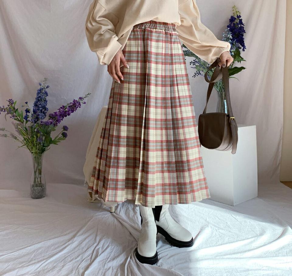 チェックフレアスカート・全3色・b62800 レディース 【sk】【韓国 ファッション ボトムス スカート ロング ロングスカート チェック フレア プリーツ 揺れ感 ウエストゴム カジュアル 体型カバー シンプル フェミニン デイリー 秋 冬】【NIJU】