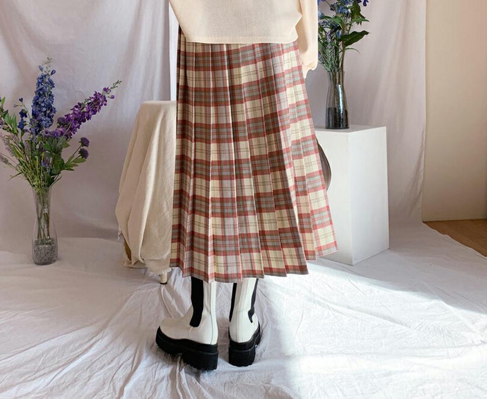 チェックフレアスカート・全3色・b62800 レディース 【sk】【韓国 ファッション ボトムス スカート ロング ロングスカート チェック フレア プリーツ 揺れ感 ウエストゴム カジュアル 体型カバー シンプル フェミニン デイリー 秋 冬】【NIJU】