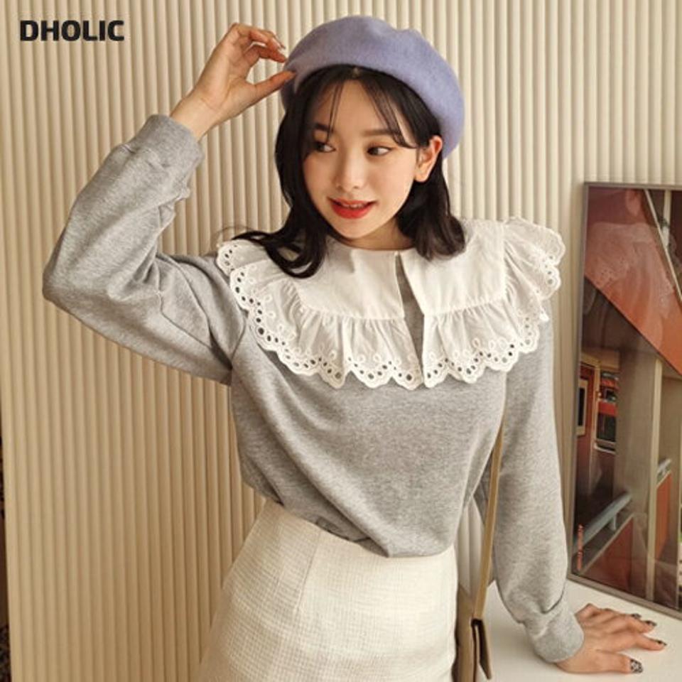 ビッグレースカラースウェット・全4色・t62781 レディース 【tops】【韓国 ファッション トップス スウェット Tシャツ カットソー 長袖 ガーリー アイレット レース ラウンドネック ルーズ ゆったり デイリー ベーシック カジュアル 秋 冬】【NIJU】