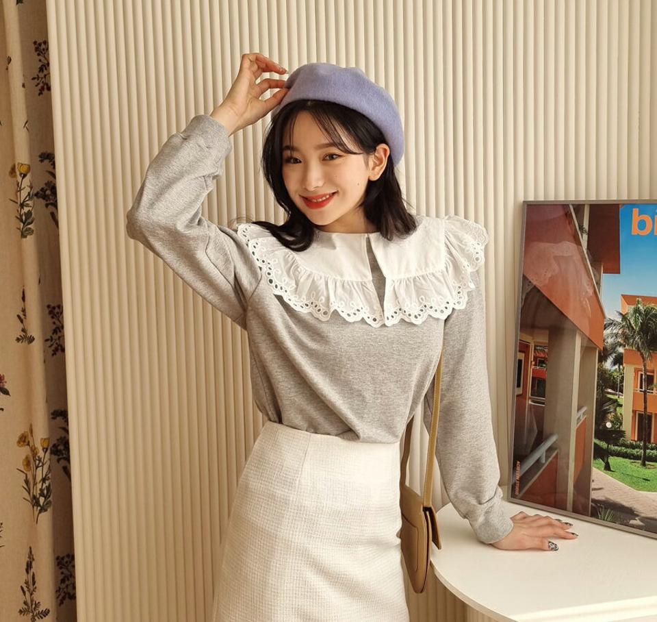 ビッグレースカラースウェット・全4色・t62781 レディース 【tops】【韓国 ファッション トップス スウェット Tシャツ カットソー 長袖 ガーリー アイレット レース ラウンドネック ルーズ ゆったり デイリー ベーシック カジュアル 秋 冬】【NIJU】