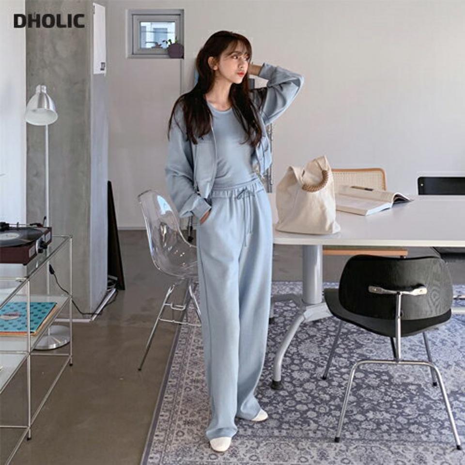 フードジップアップ3SET・全3色・b56870 レディース 【pt】【韓国 ファッション ボトムス パンツ セットアップ カジュアル スリーブレス ラウンドネック スリム フィット ストリング ワイド ストレート 細身 体型カーバー デイリー 秋 冬】