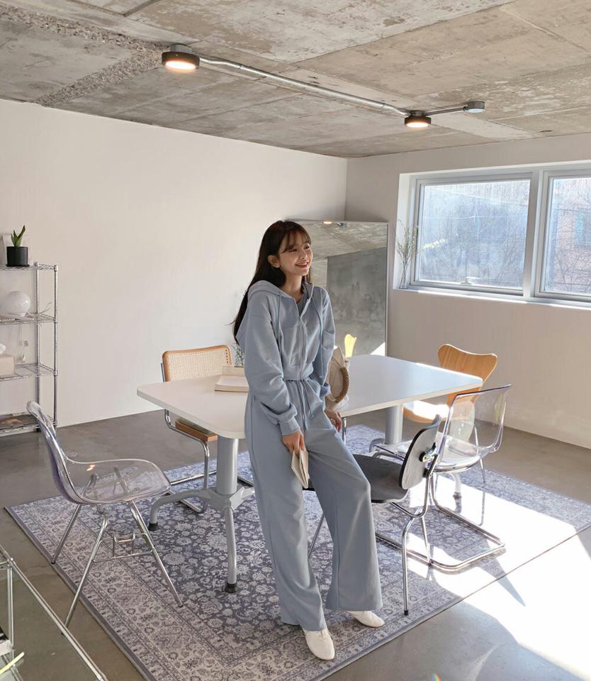 フードジップアップ3SET・全3色・b56870 レディース 【pt】【韓国 ファッション ボトムス パンツ セットアップ カジュアル スリーブレス ラウンドネック スリム フィット ストリング ワイド ストレート 細身 体型カーバー デイリー 秋 冬】