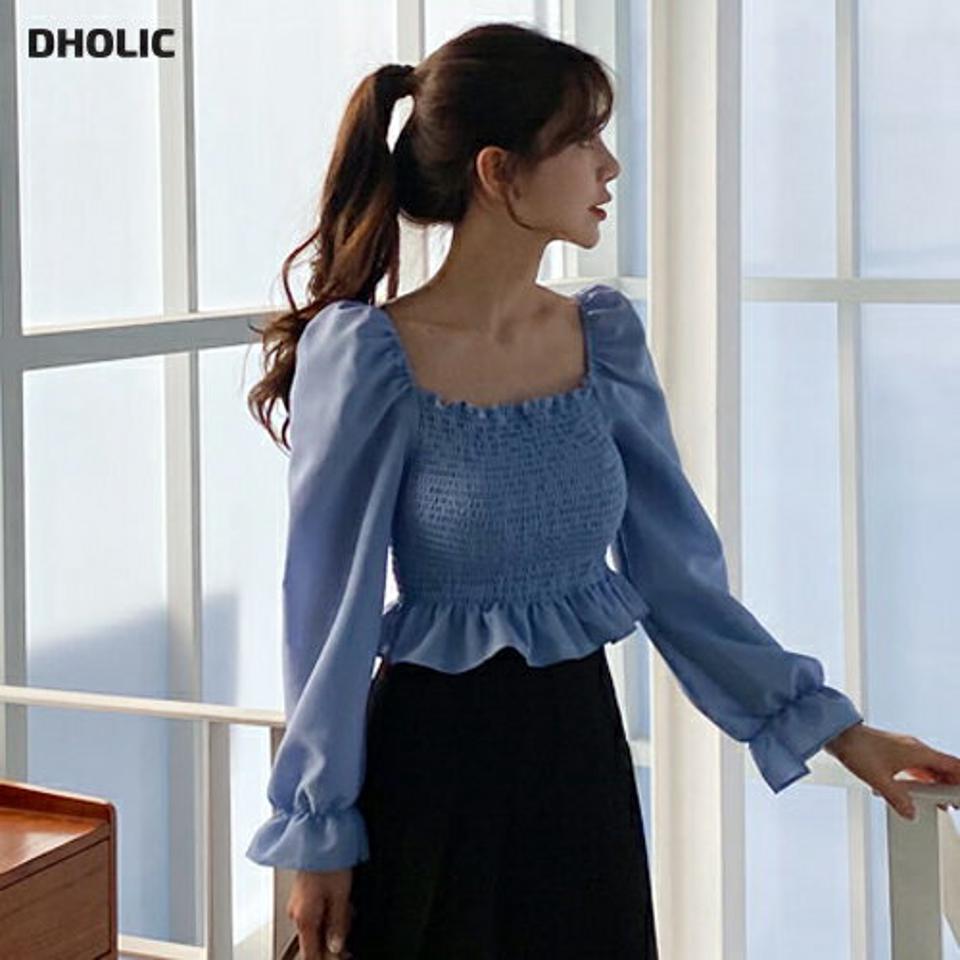 スクエアシャーリングブラウス・全3色・t56886 レディース 【bl】【韓国 ファッション トップス ブラウス 長袖 上品 春 スクエアネック バスト フェミニン シャーリング パフスリーブ デコルテ フリル 体型カバー 細身 カジュアル デイリー 秋 冬】