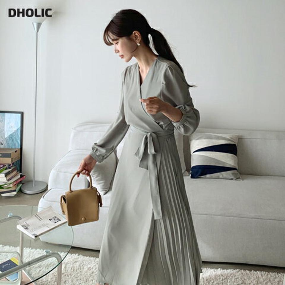 プリーツラップワンピース・全3色・b56874 レディース 【ops】【韓国 ファッション ワンピース ロング ロングワンピース カジュアル Vネック ラップ プリーツ 揺れ感 フェミニン リボン 細身 体型カバー 秋 冬】