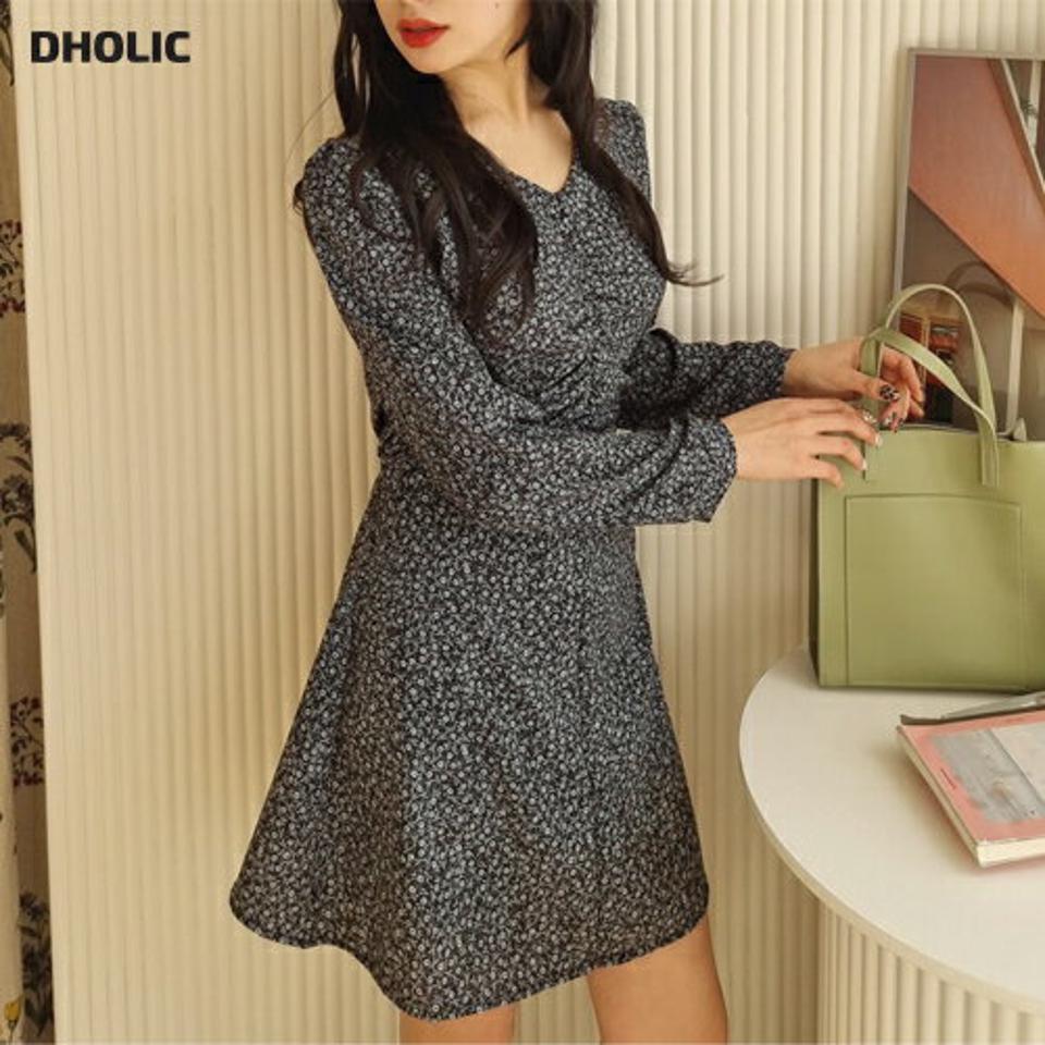 小花柄ギャザーミニワンピース・全2色・t62784 レディース 【ops】【韓国 ファッション ワンピース ミニ ミニワンピース カジュアル Vネック ラブリー 花柄 フラワー リボン Aライン ギャザー 秋 冬】【NIJU】