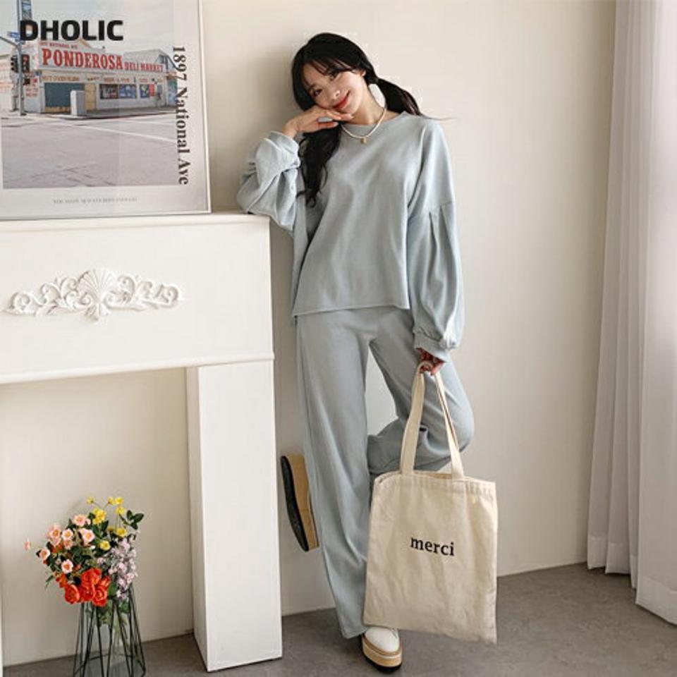 ワッフルパフTシャツ&パンツSET・全4色・t62790 レディース 【pt】【韓国 ファッション ボトムス パンツ ロング ラウンドネック セットアップ ワッフル ルーズフィット ボリューム ワイド 10分丈 十分丈 カジュアル デイリー ウエストゴム 秋 冬】【NIJU】