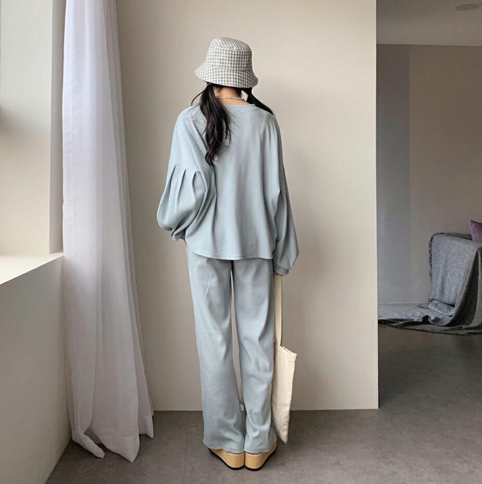 ワッフルパフTシャツ&パンツSET・全4色・t62790 レディース 【pt】【韓国 ファッション ボトムス パンツ ロング ラウンドネック セットアップ ワッフル ルーズフィット ボリューム ワイド 10分丈 十分丈 カジュアル デイリー ウエストゴム 秋 冬】【NIJU】