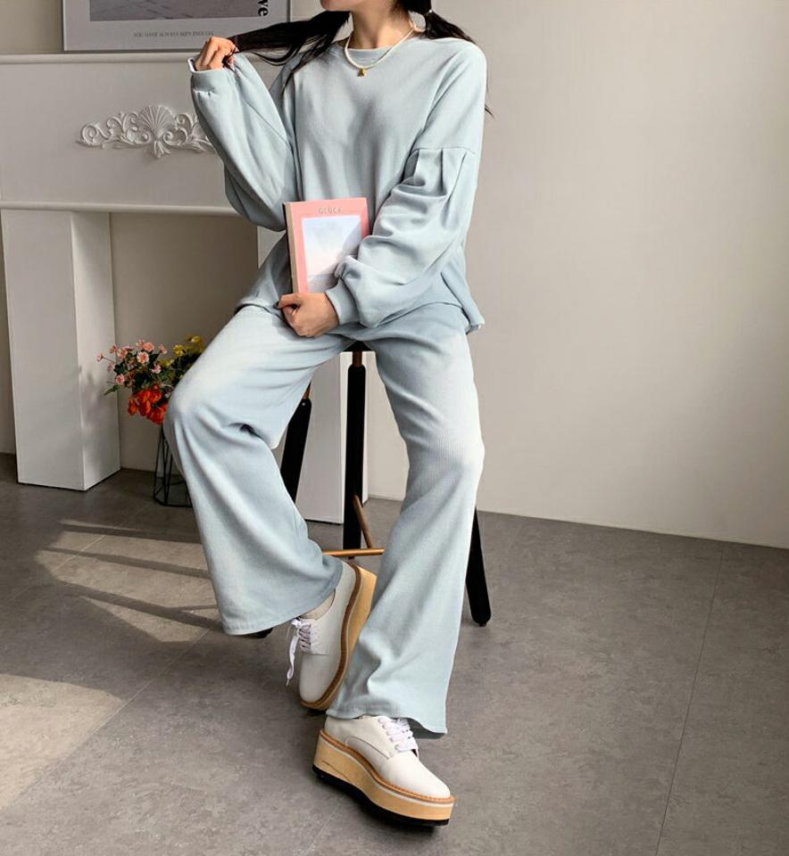 ワッフルパフTシャツ&パンツSET・全4色・t62790 レディース 【pt】【韓国 ファッション ボトムス パンツ ロング ラウンドネック セットアップ ワッフル ルーズフィット ボリューム ワイド 10分丈 十分丈 カジュアル デイリー ウエストゴム 秋 冬】【NIJU】