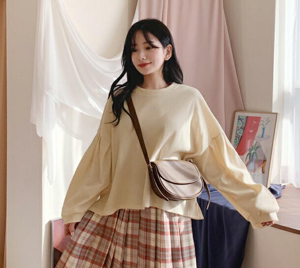 ワッフルパフTシャツ・全4色・t62789 レディース 【tops】【韓国 ファッション トップス Tシャツ 長袖 ラウンドネック ルーズフィット ワッフル ボリューミー ナチュラル 体型カーバー デイリー 秋 冬】【NIJU】【BT】