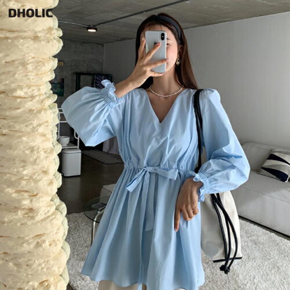 Vネックドロストブラウス・全3色・t56862 レディース 【bl】【韓国 ファッション トップス ブラウス 長袖 上品 春 Vネック ドロスト ストリング フィット フレア 体型カバー ゴム 細身 フェミニン カジュアル デイリー 秋 冬】