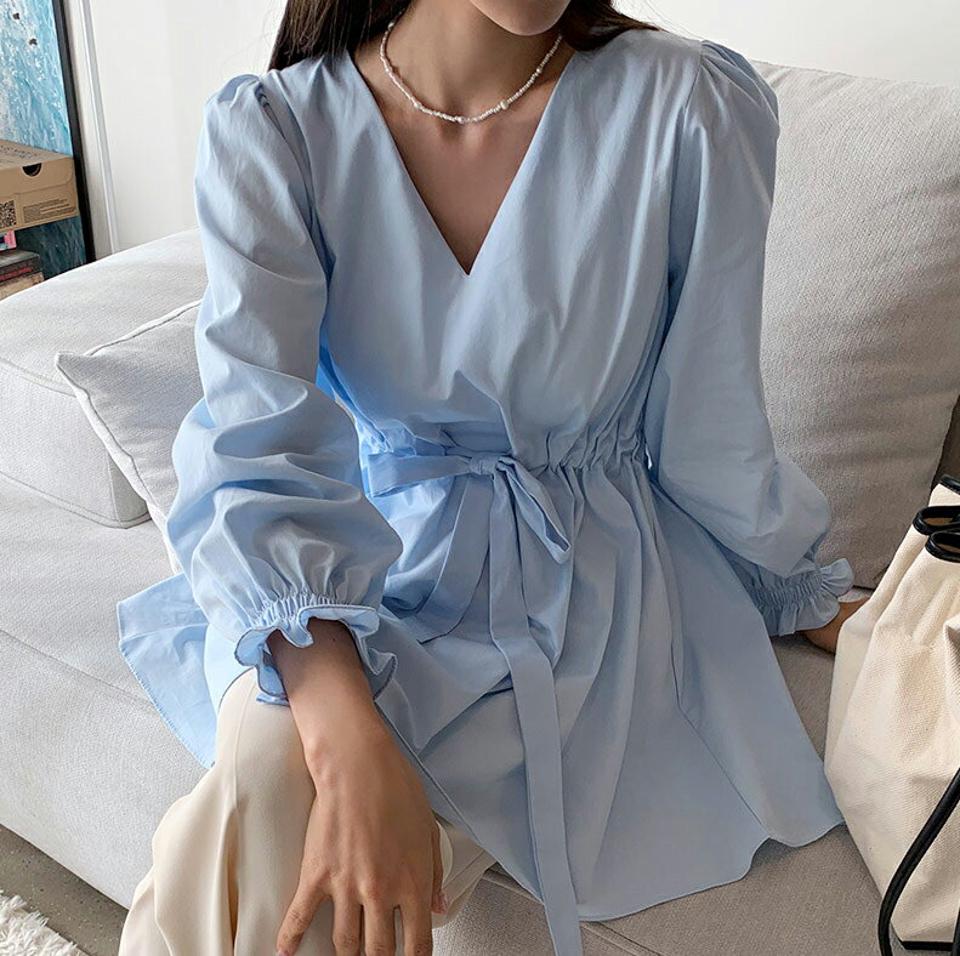 Vネックドロストブラウス・全3色・t56862 レディース 【bl】【韓国 ファッション トップス ブラウス 長袖 上品 春 Vネック ドロスト ストリング フィット フレア 体型カバー ゴム 細身 フェミニン カジュアル デイリー 秋 冬】