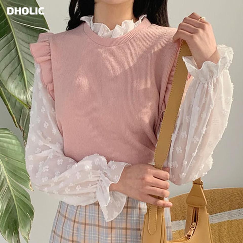 配色フリルブラウス・全4色・t63160 レディース 【bl】【韓国 ファッション トップス ブラウス 長袖 上品 春 フリル シフォン フラワー テクスチャー ゴム 花柄 パターン ガーリー カジュアル デイリー 秋 冬】【NIJU】